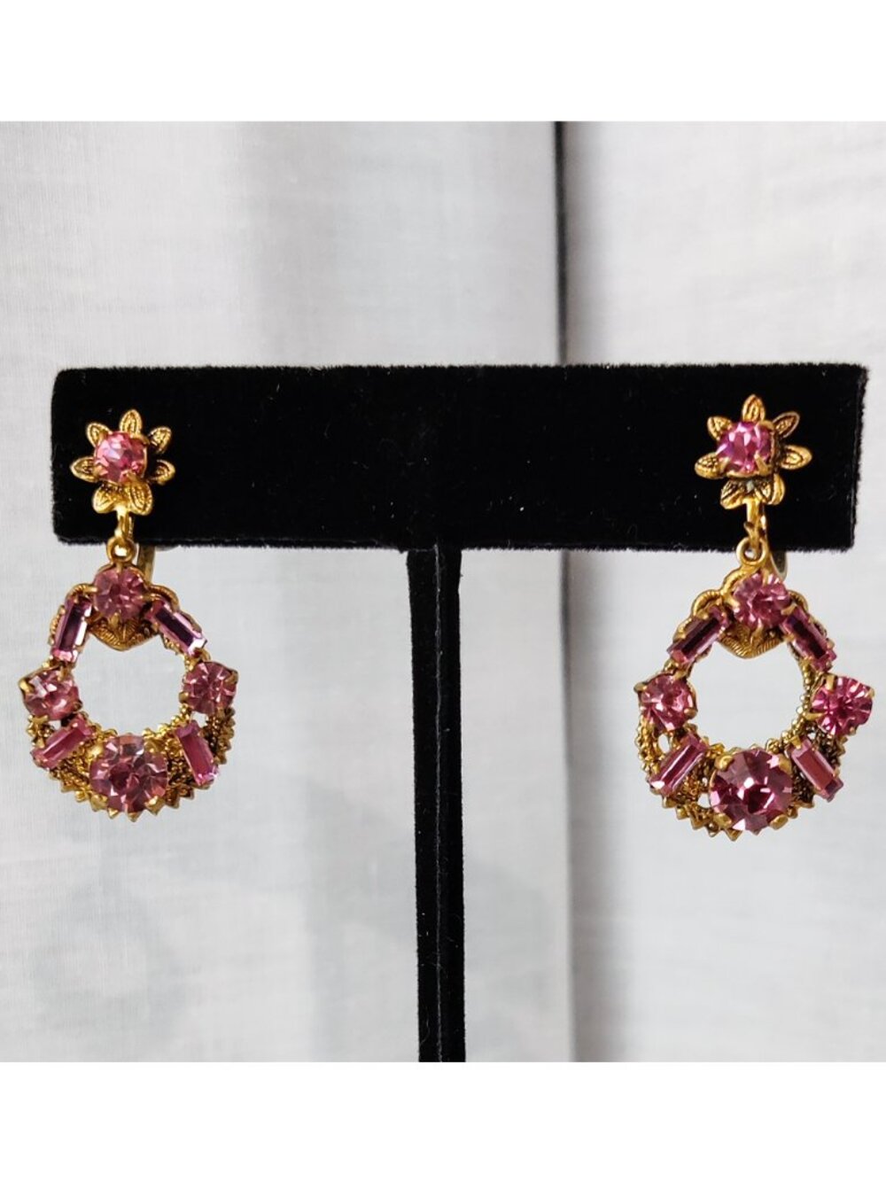 Vintage 1950 CZECHOSLOVAKIA Signed Earrings Pink Rhinestone Dangle Drop Screw Bk